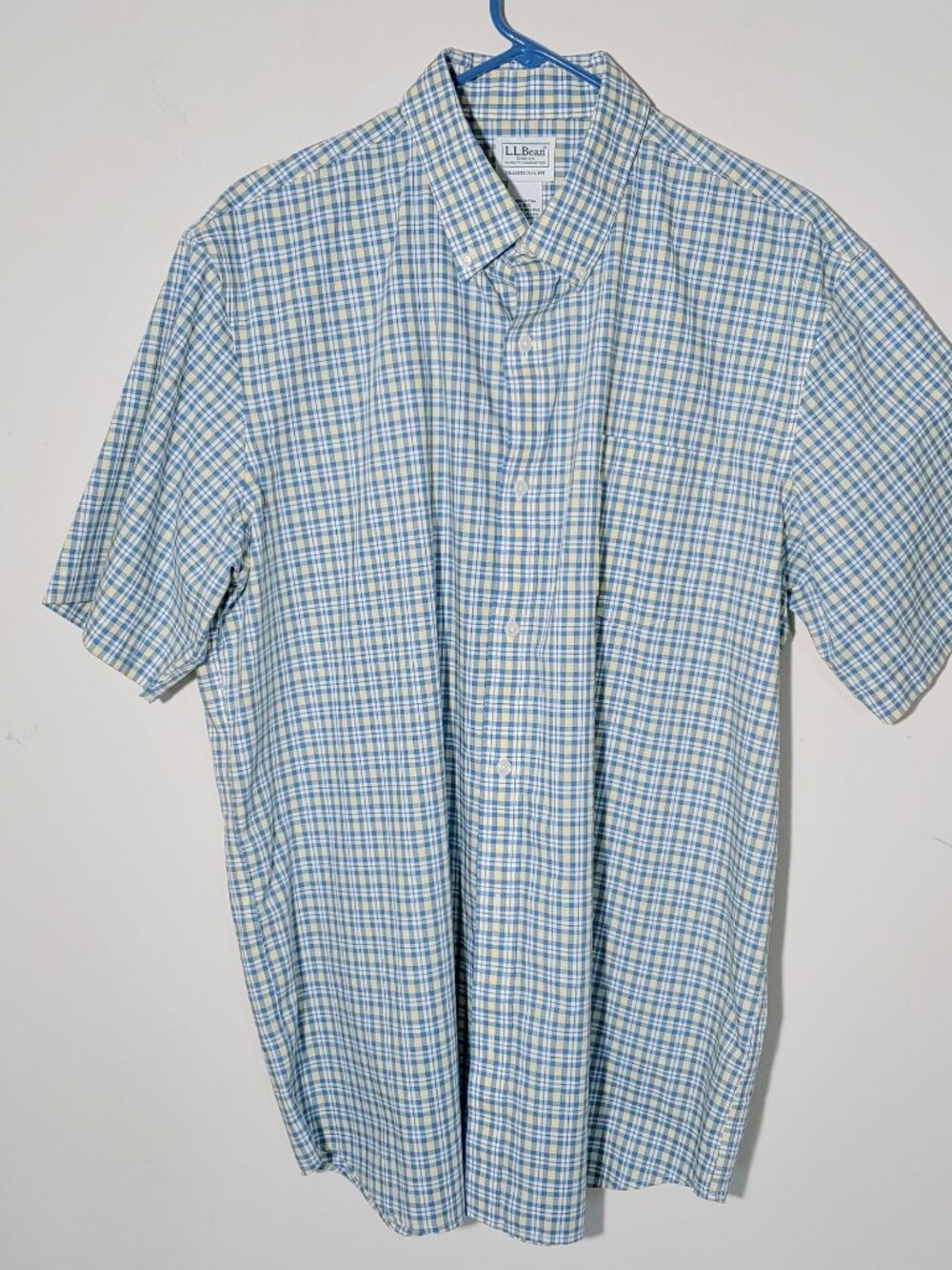 L.L Bean Traditional Fit Short Sleeve Button Down Casual Plaid Shirt Sz L Blue
